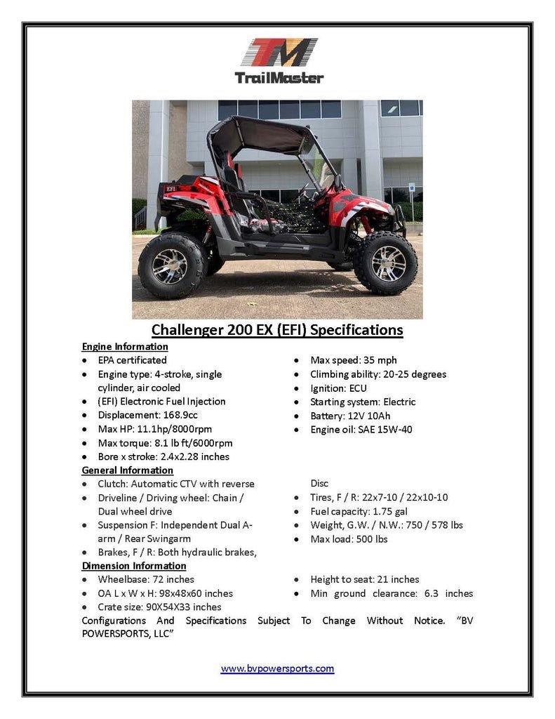 Trailmaster Challenger 200EX EFI UTV, Fully automatic with reverse, Aluminum wheels, Adjustable steering wheel - Image 8