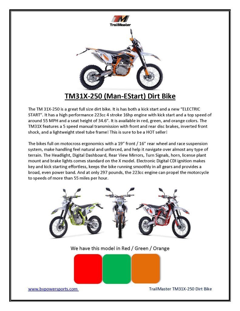 Trailmaster TM31X 250 Dirt Bike, 5 Speed Manual, Side View Mirrors, LED Headlight, Electric and kick start - Image 8