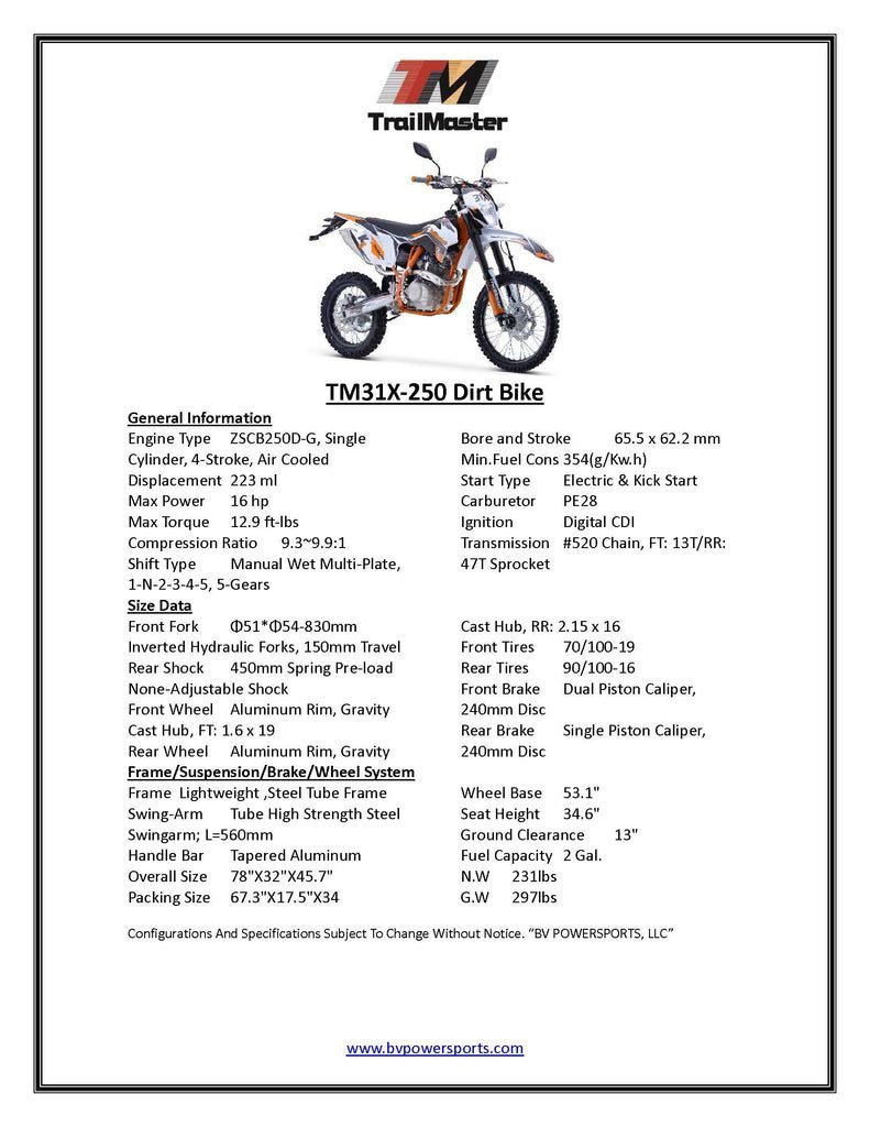 Trailmaster TM31X 250 Dirt Bike, 5 Speed Manual, Side View Mirrors, LED Headlight, Electric and kick start - Image 9