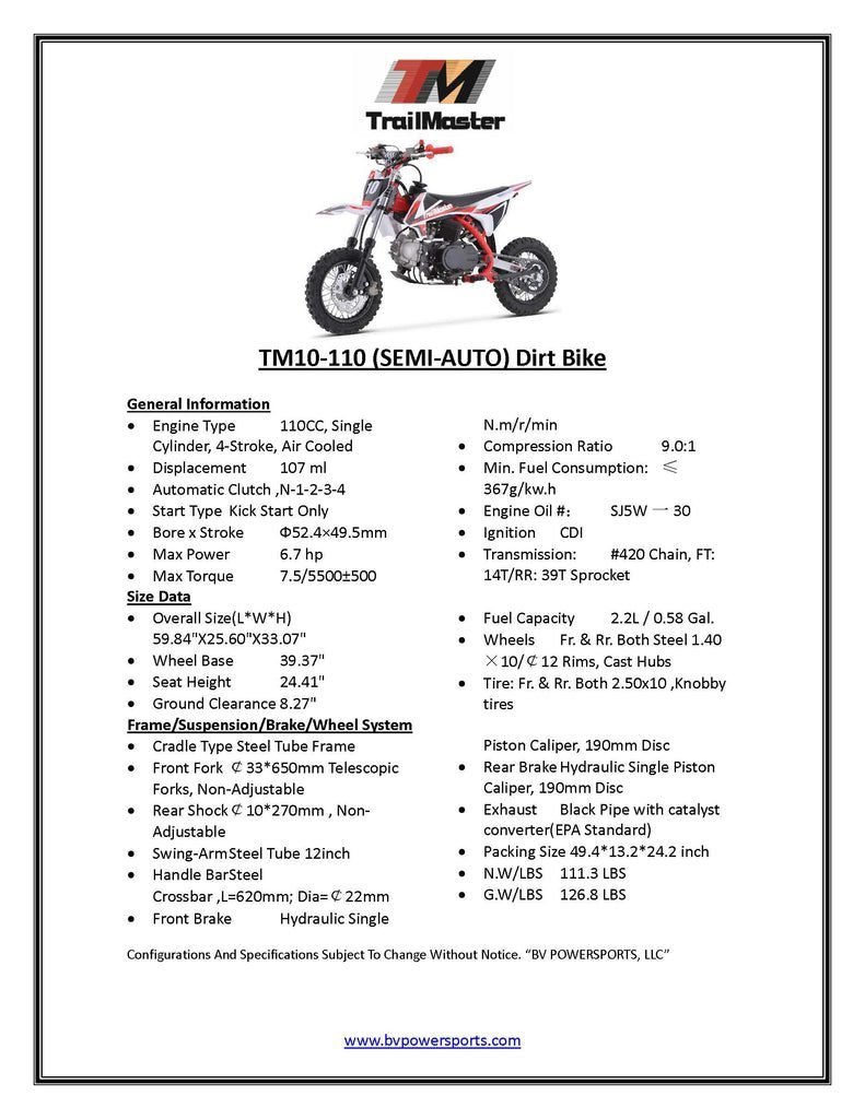 Trailmaster TM10 Dirt Bike 110cc Semi Auto - Image 6